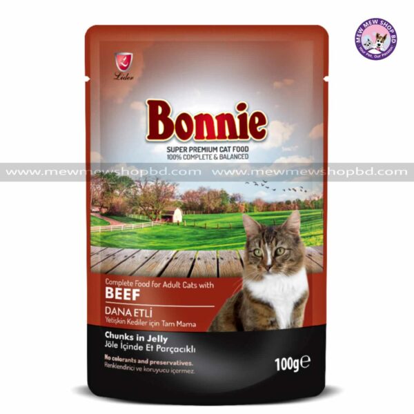 Bonnie Adult Cat Food Pouch Beef Chunks in Jelly 100g