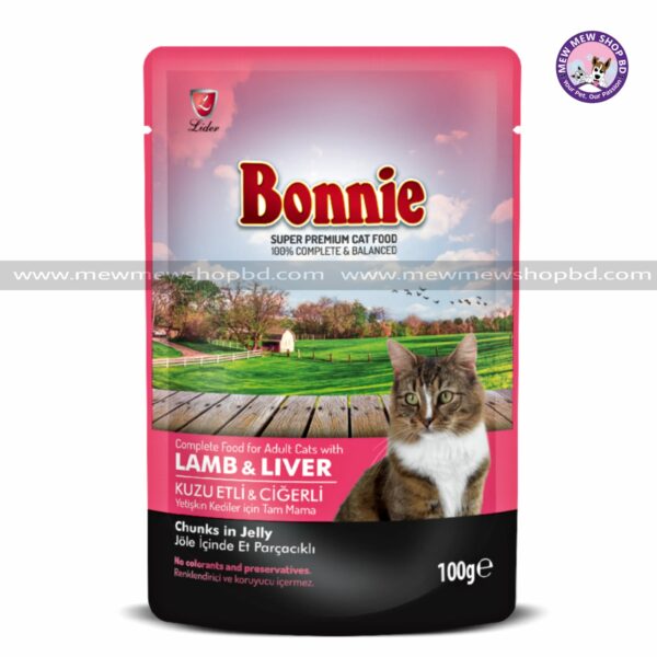 Bonnie Adult Cat Food Pouch Lamb and Liver Chunks in Jelly 100g
