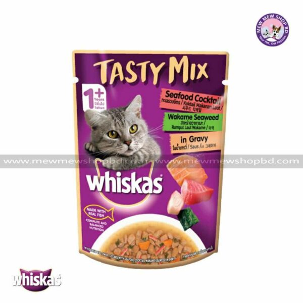 Whiskas Tasty Mix 1+Year Seafood Cocktail with Wakame Seaweed in Gravy 70g